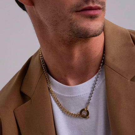 Collier Aloïs - UNISEX - 2 mailles gourmette et boules, motif fermoir cabillot 55cm