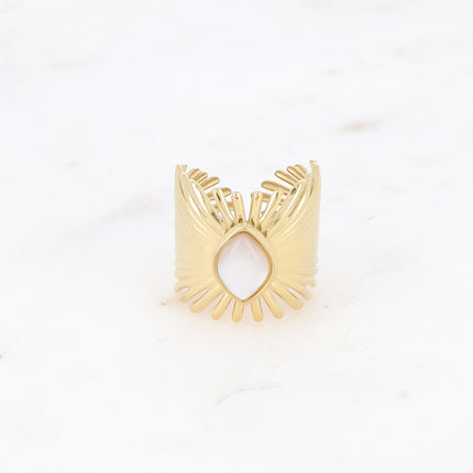 Bague large Edelyne - feuillage et pierre naturelle losange