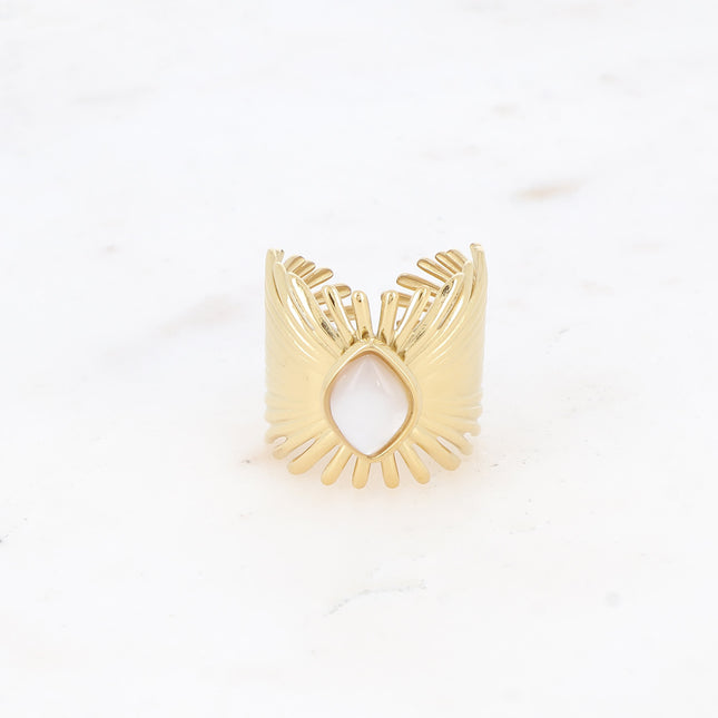 Bague large Edelyne - feuillage et pierre naturelle losange