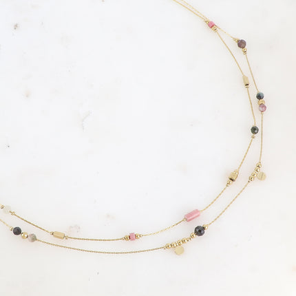 Collier Evaëlle - 2 rangs, pampilles rondes et pierres naturelles