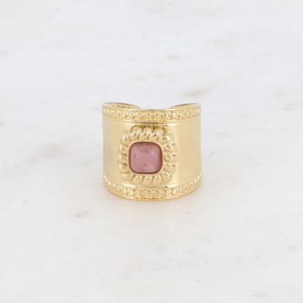 Bague large - pierre naturelle carré et motif tressé et ronds - Difficilement réglable T58