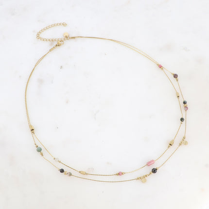 Collier Evaëlle - 2 rangs, pampilles rondes et pierres naturelles